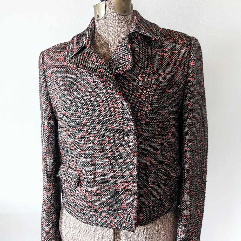 Women's J.Crew Tweed Cropped Moto Jacket Black / White/ Red Sz 6